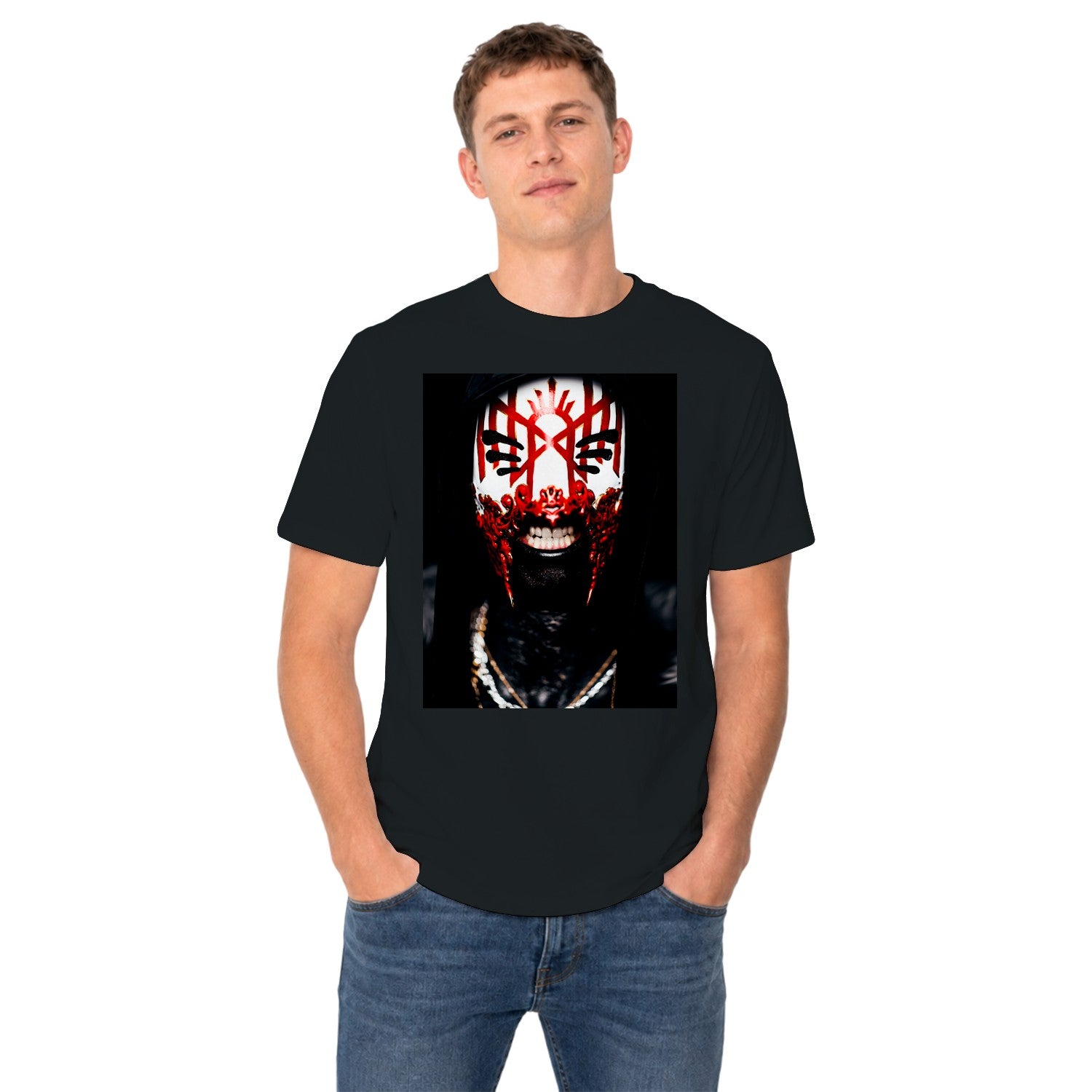 Red Tribal Mask Men's T-shirt with Hood